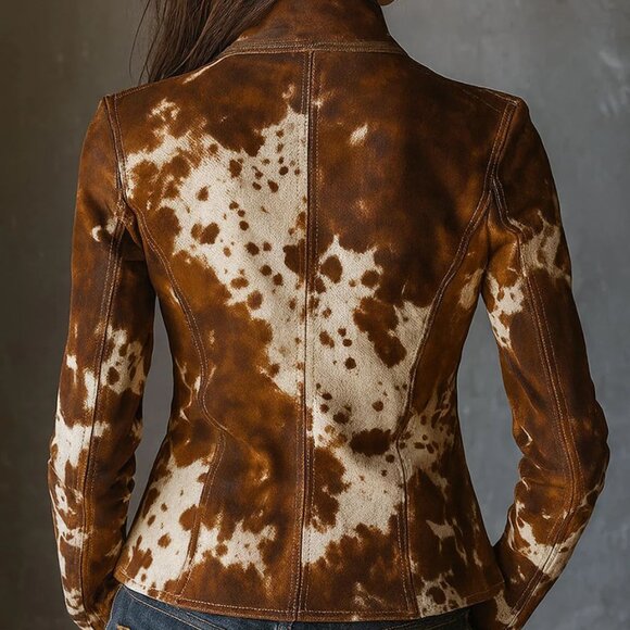 Vintage Stand Collar Suede Cow Print Slim Jacket - Picture 3 of 4